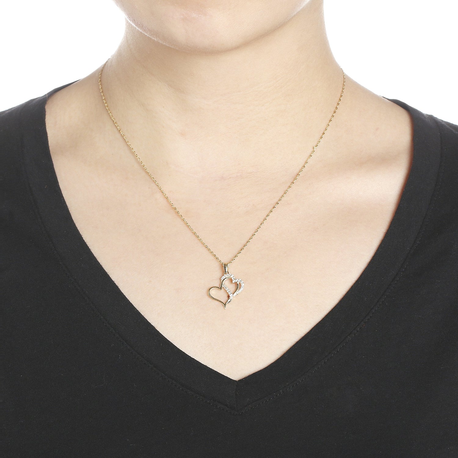 10k Yellow Gold Double Heart Cubic Zirconia Pendant Necklace