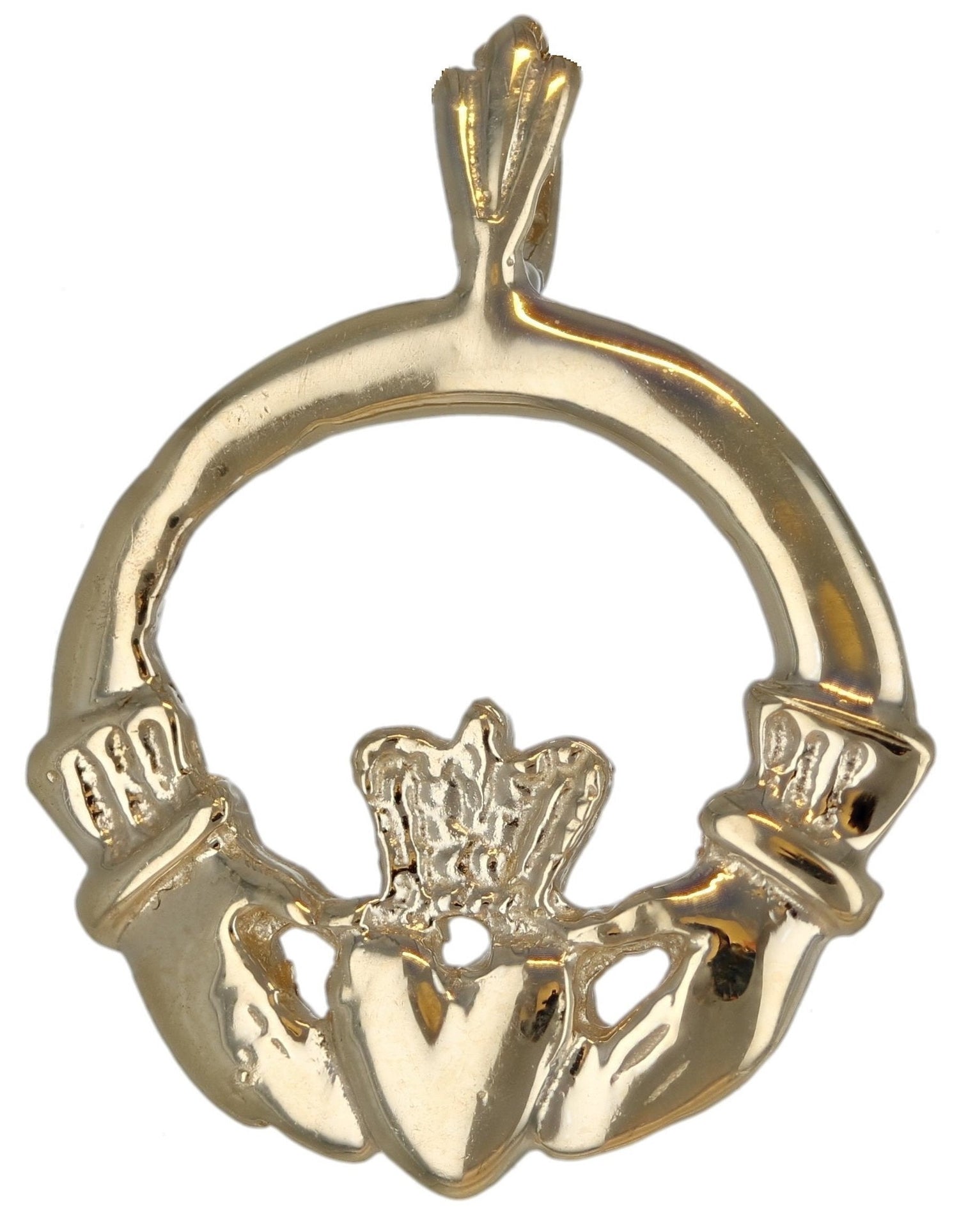 10k Yellow Gold Friendship Hands Holding Heart Claddagh Round Necklace Pendant