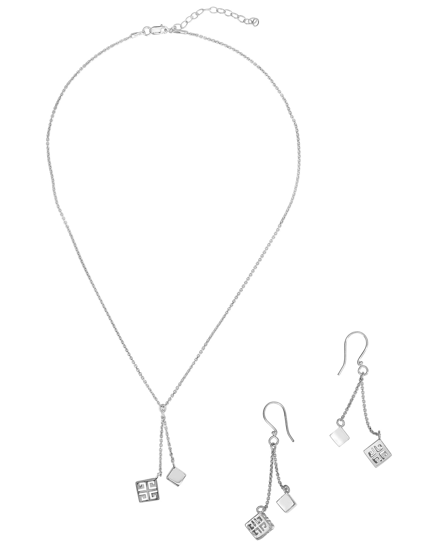 Sterling Silver Expandable 16 + 2 Inch Necklace and Earings Set with Cube and Cz