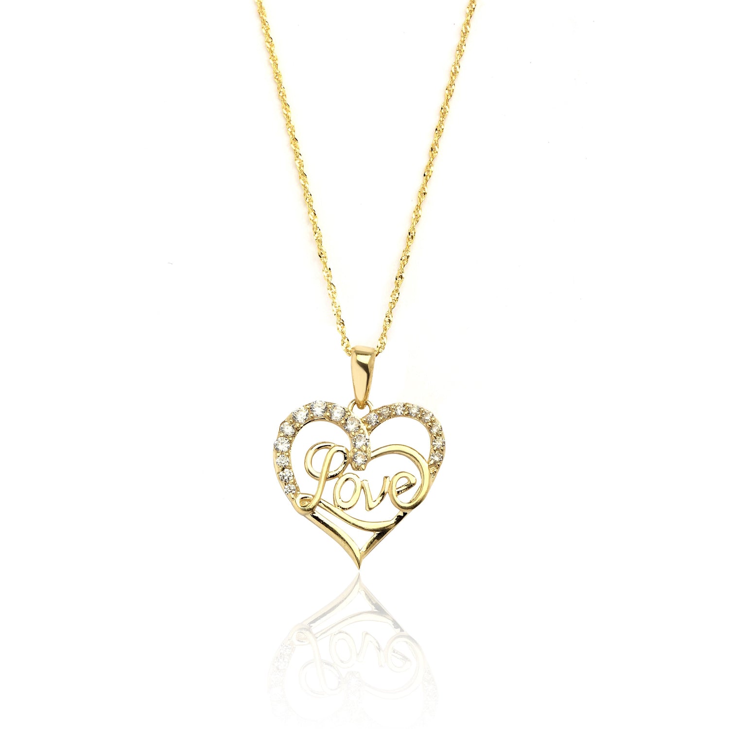 10k Yellow Gold Heart CZ Cursive Love Pendant Necklace