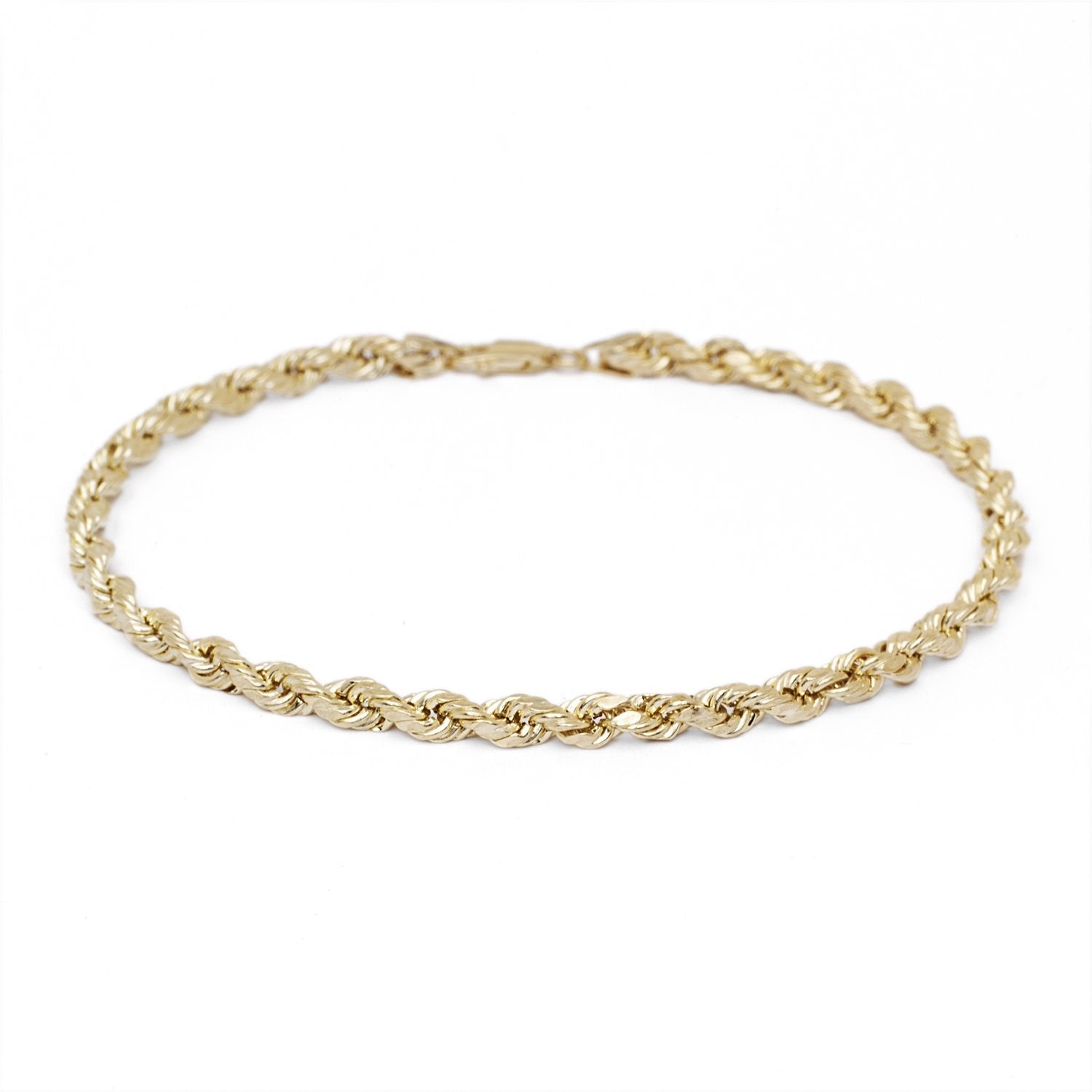 10k Yellow  Gold Solid Diamond Cut Rope Chain Bracelet and Anklet, 2.5mm, 0.11