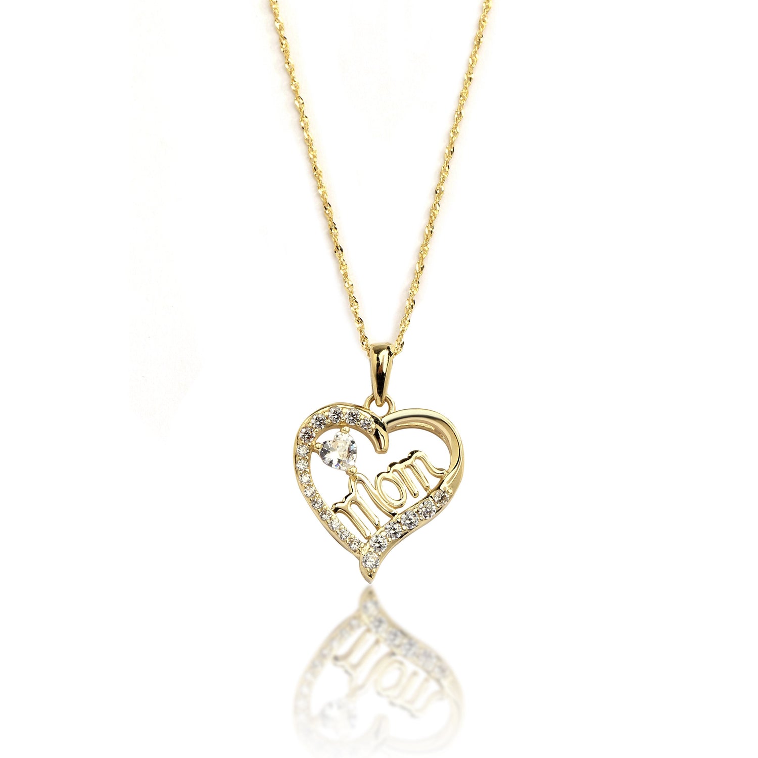 10k Yellow Gold and Heart Shaped CZ Mom Pendant Necklace for Mothers