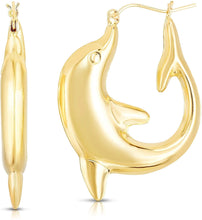 Load image into Gallery viewer, Floreo 10k Yellow Gold High Polished Dolphin Hoop Earrings
