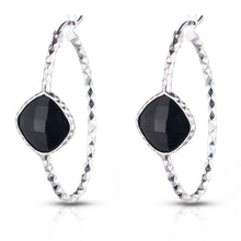 Load image into Gallery viewer, Sterling Silver Checkerboard Diamond Cut Oval hoop earrings With Colored Stone
