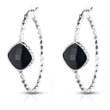 Load image into Gallery viewer, Sterling Silver Checkerboard Diamond Cut Oval hoop earrings With Colored Stone
