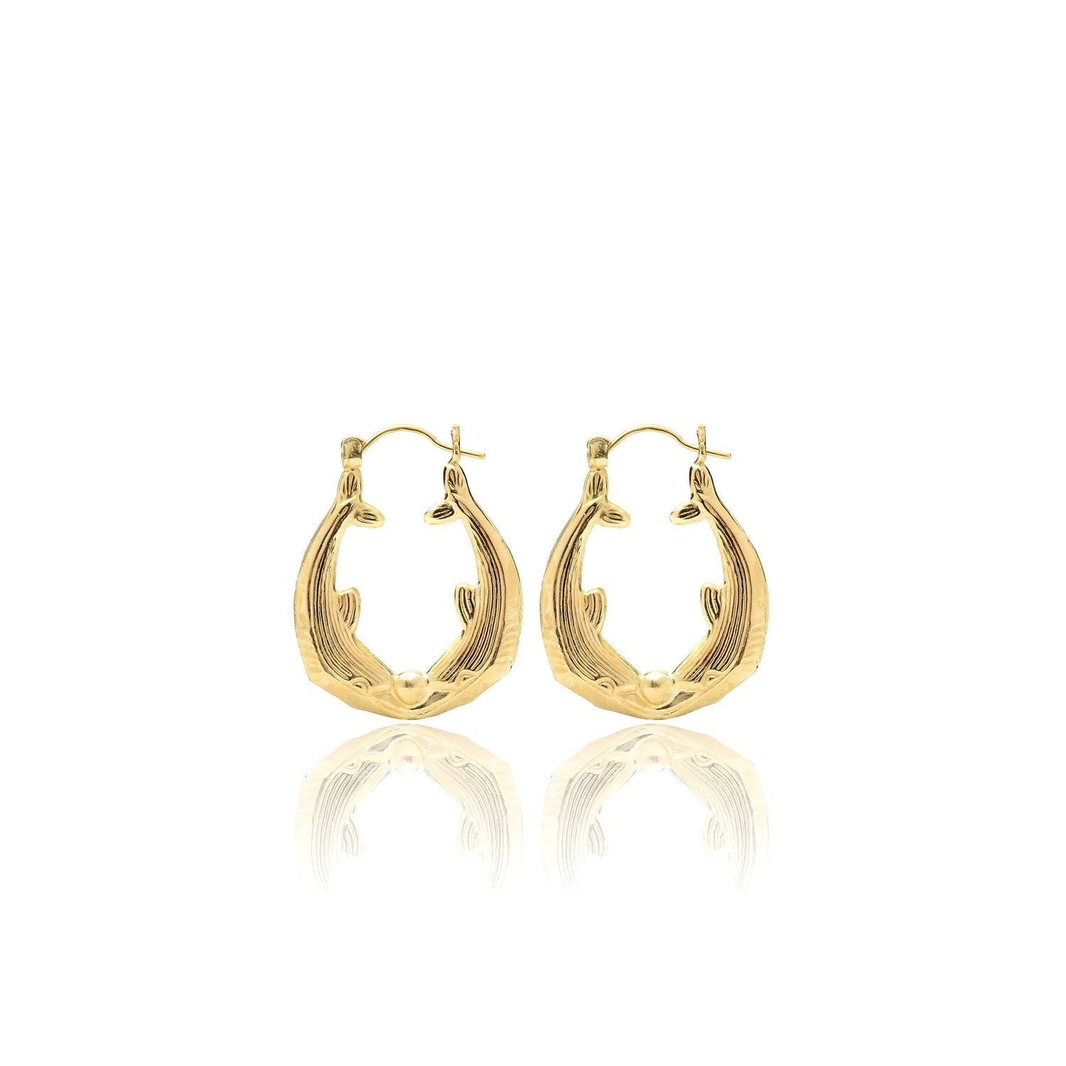 10k Yellow Gold Friendship Love Hoop Earrings with Kissing Dolphin Design