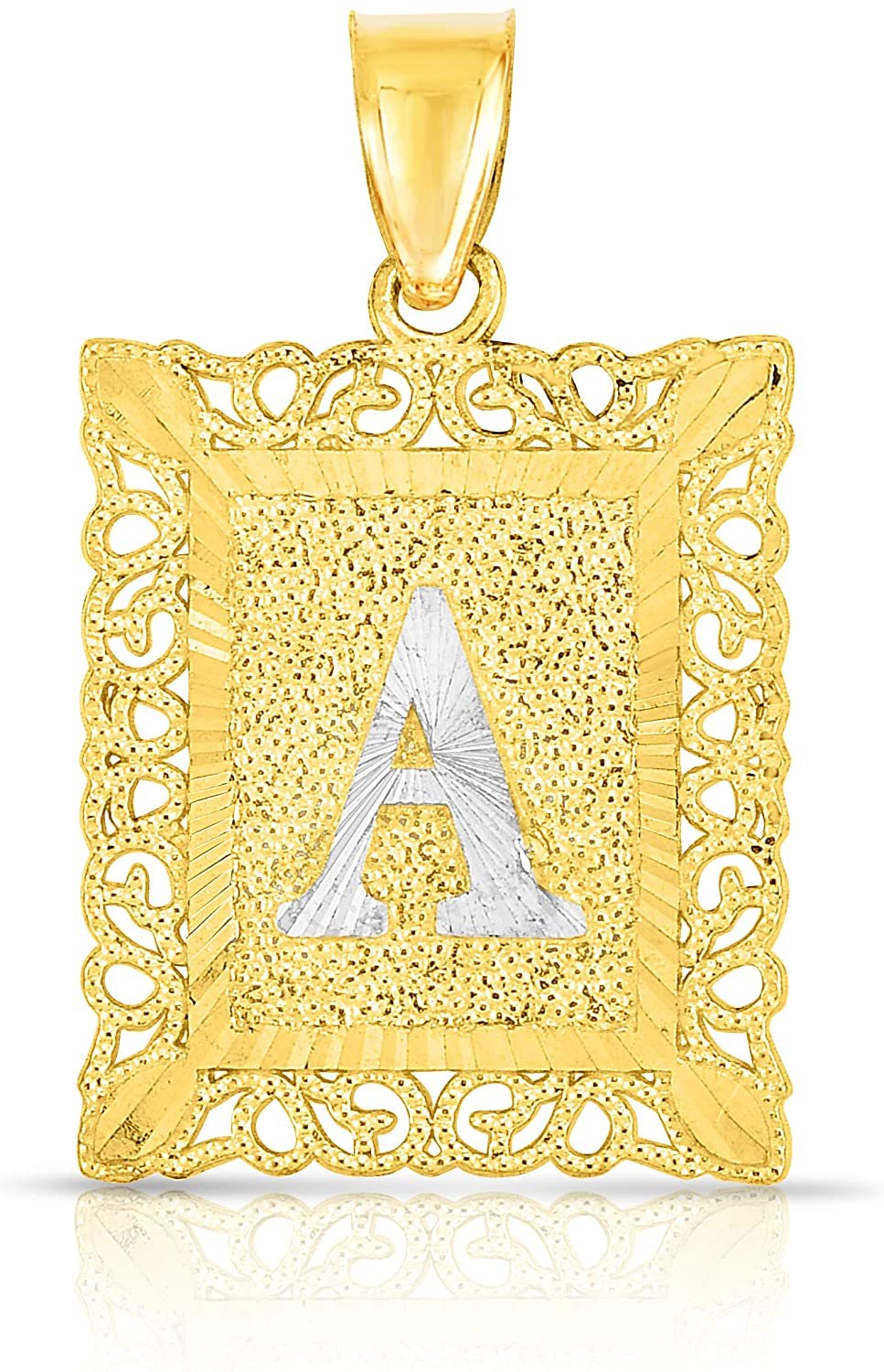 Floreo 10k Yellow and White Gold A-Z Initial Square (26 x 18.7 mm) Pendant with Optional Necklace, Large