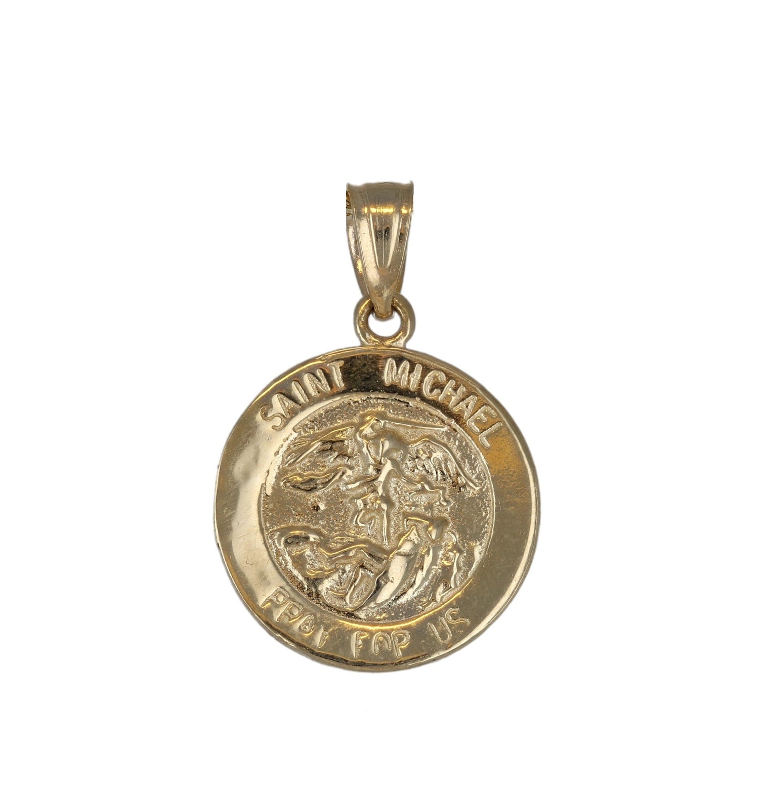 10k Yellow Gold Religious Saint Michael Battle with Satan Oval Pendant Necklace