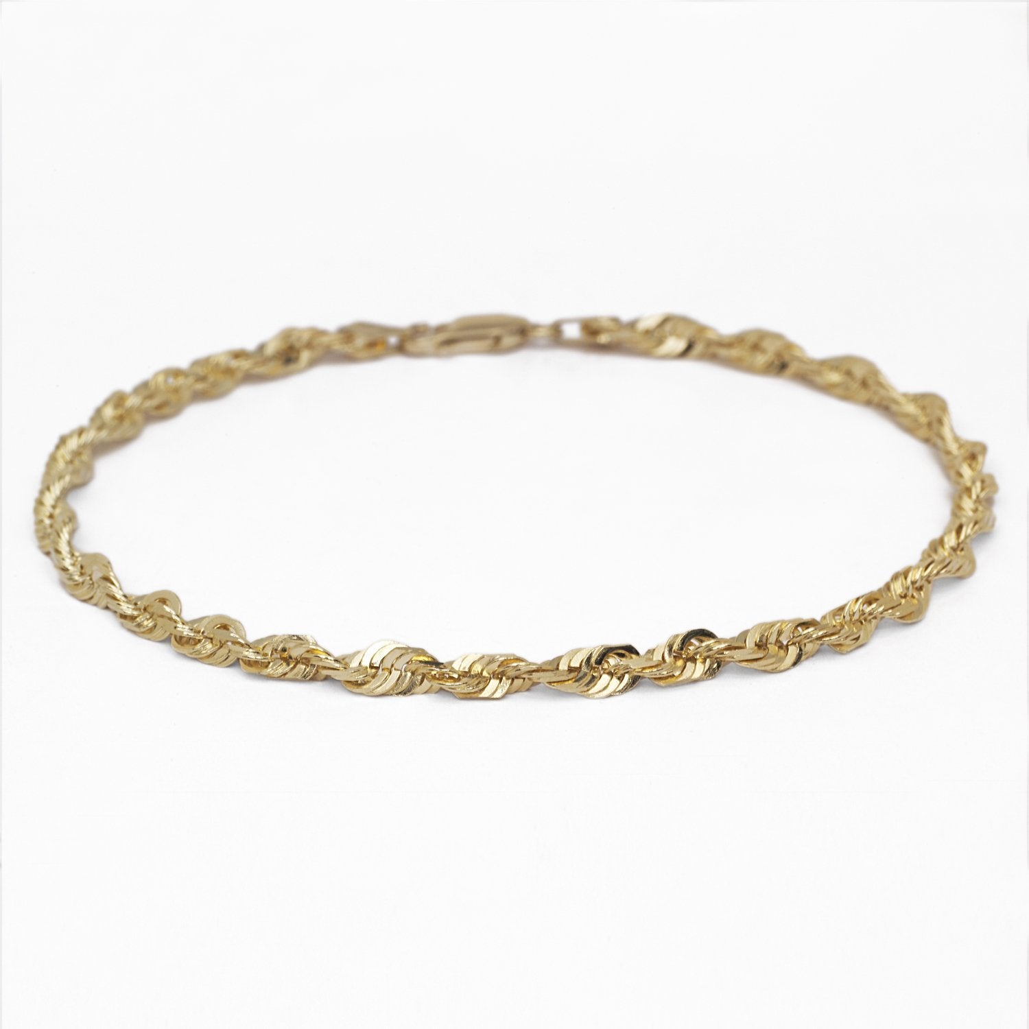 10k Yellow Gold Solid Diamond Cut Rope Chain Bracelet and Anklet, 5mm