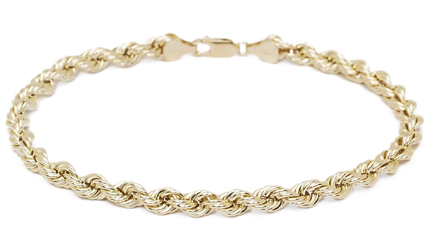 10k Yellow Gold Hollow Rope Chain Bracelet and Anklet for Men & Women, 6mm