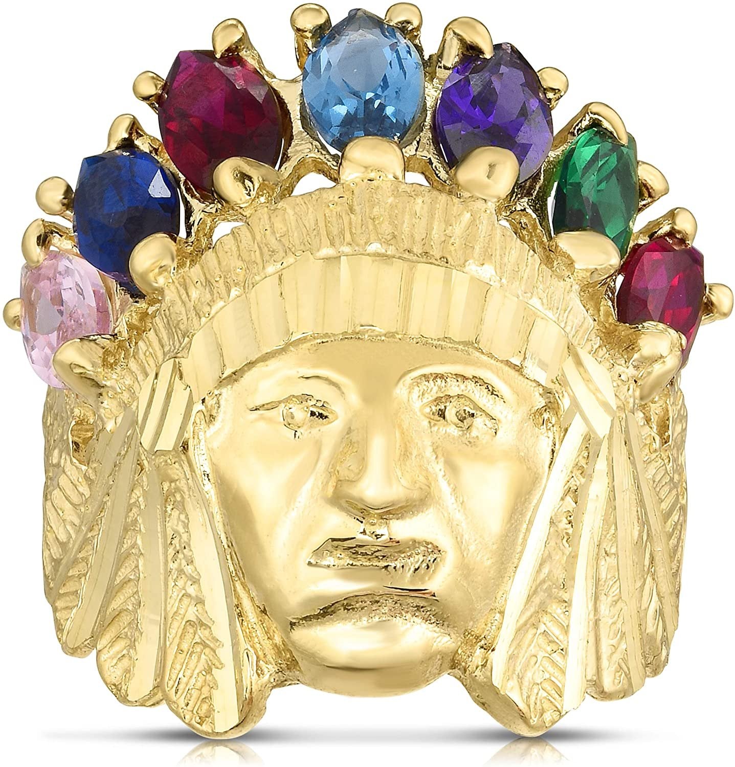 Floreo 10k Yellow Gold 27.7mm Indian Tribal Chief Head CZ Ring All Ring Sizes