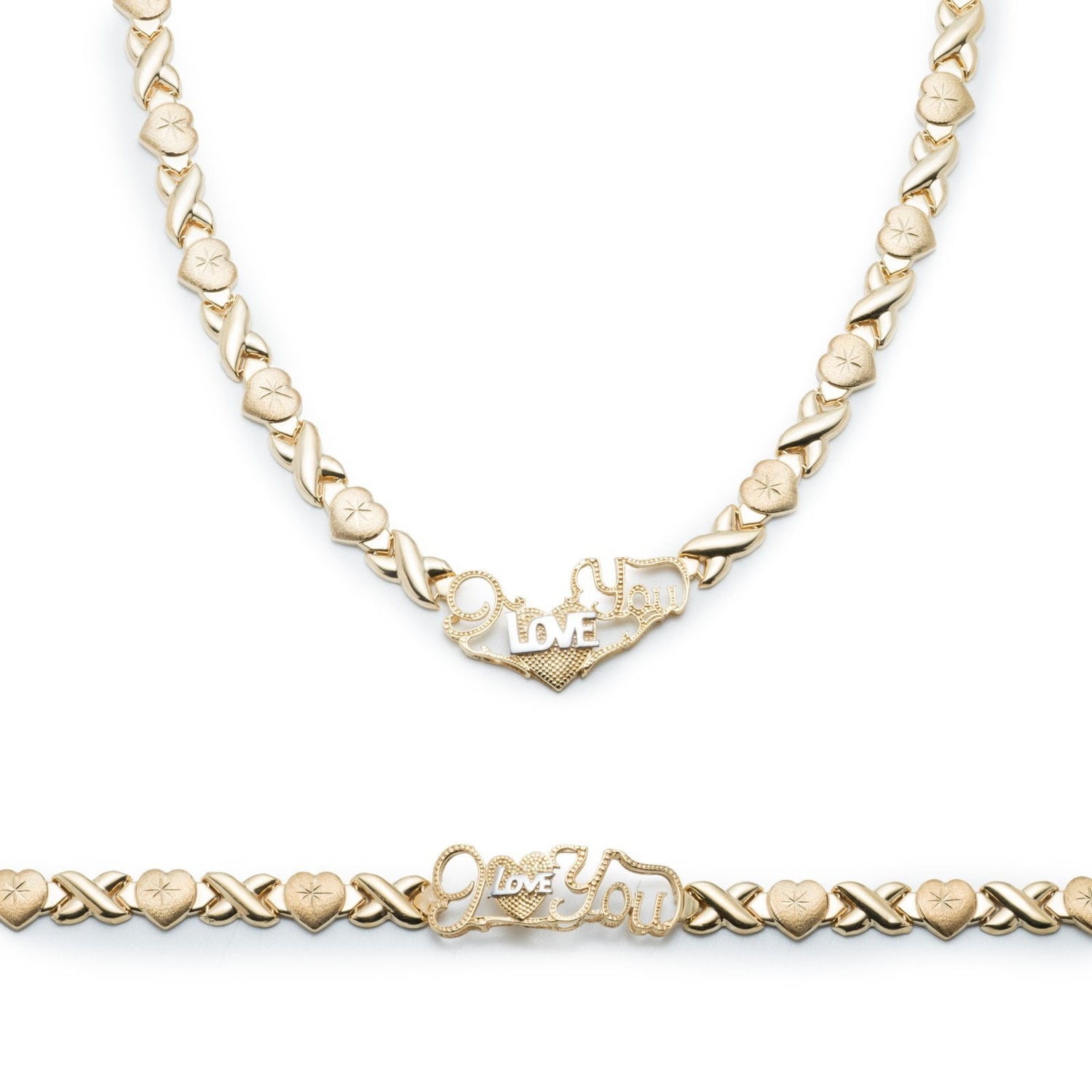 Silver Stampato Xo and Heart Hugs & Kisses Love Bracelet & Necklace Set