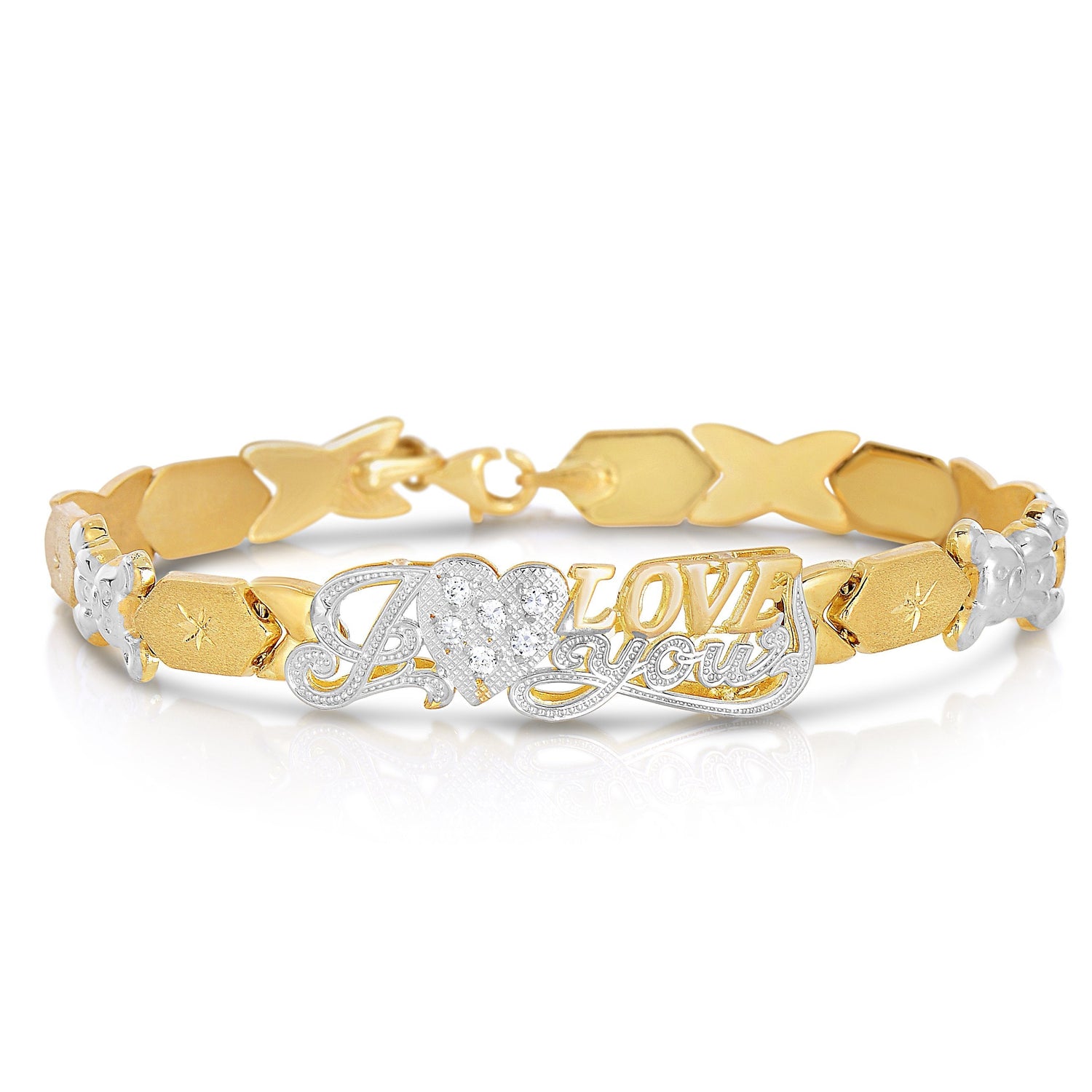 10k Two Tone Gold Stampato Xo Hugs and Kisses, Bear, Heart I Love You Bracelet
