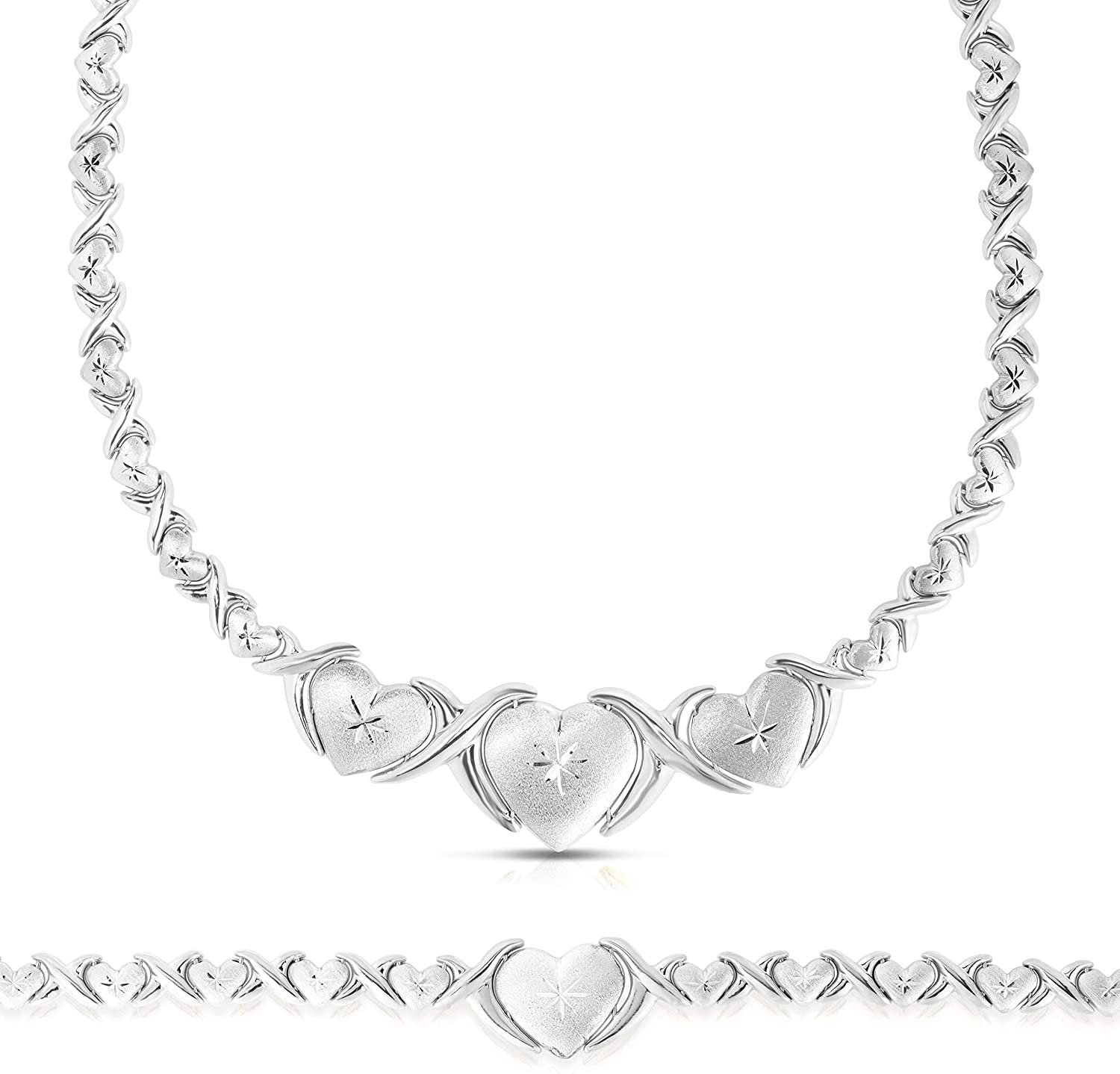 Floreo 925 Sterling Silver Stampato XOXO Hugs and Kisses with Graduating Heart Pendant Bracelet and Necklace Set
