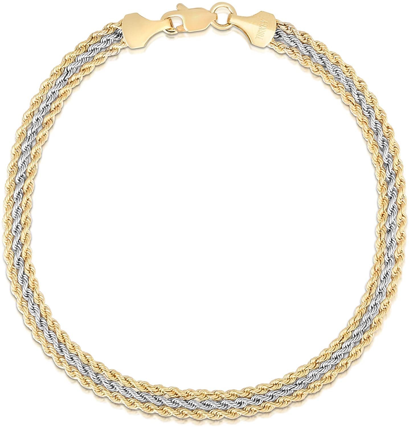 10k Two Tone Yellow and White Gold Triple Strand Rope Bracelet 7.25”