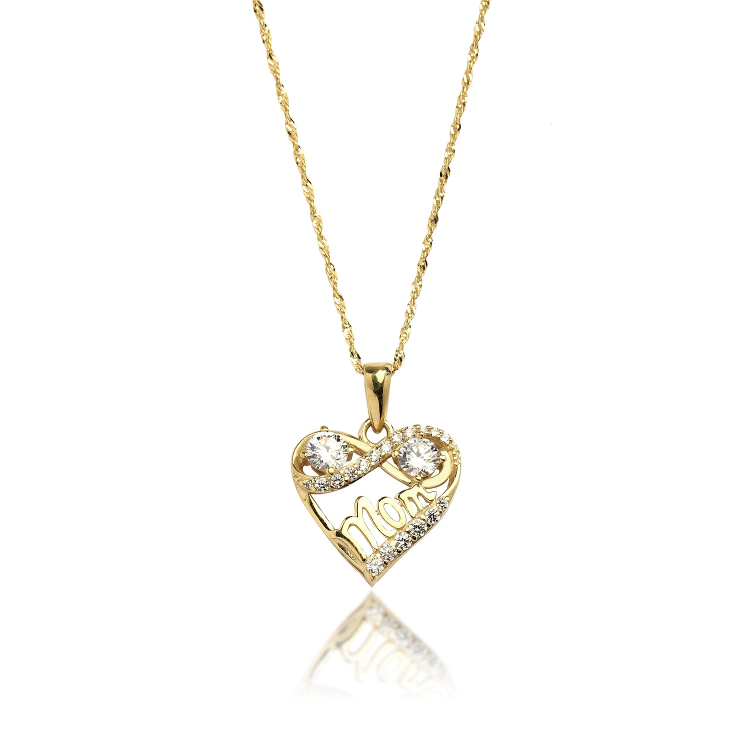 10K Yellow Gold Heart and Infinity Mom CZ Pendant Necklace for Mothers
