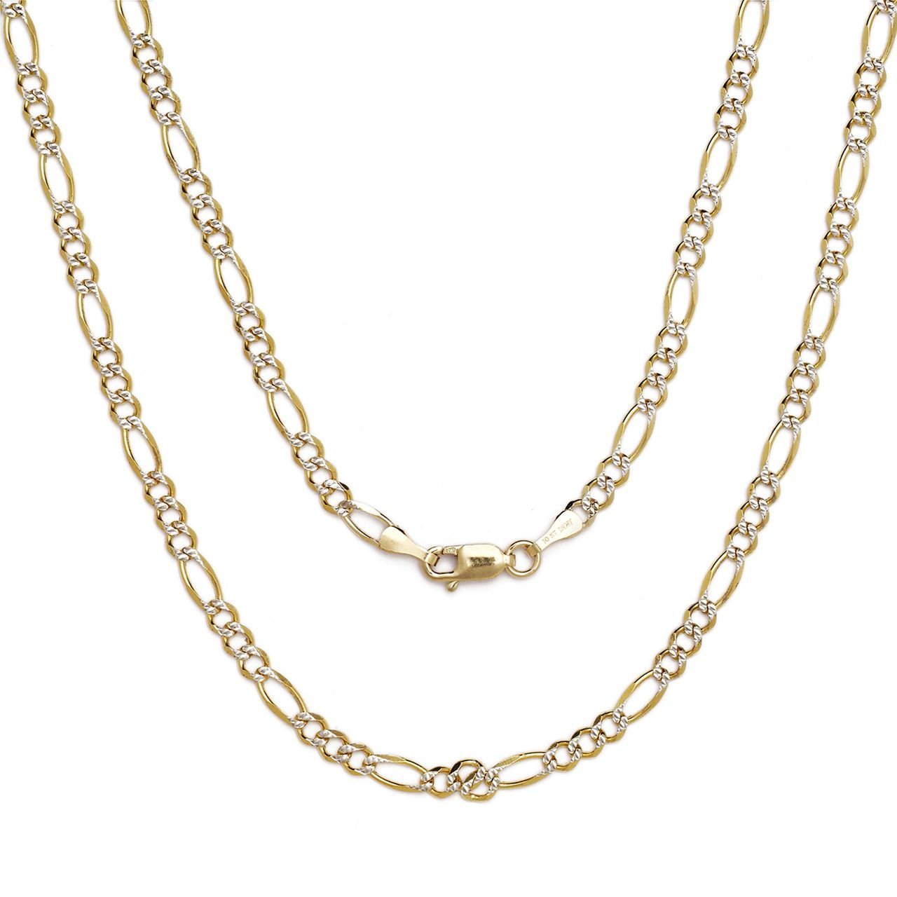 10k Two-Tone Gold Figaro Chain Necklace with White Pave, 0.16 Inch (4mm)