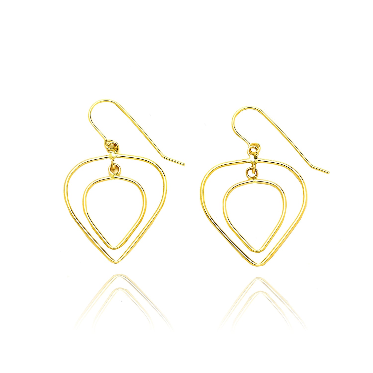 14k Yellow Gold Double Heart Love Drop Earring in with Fish Hook in Gift Box