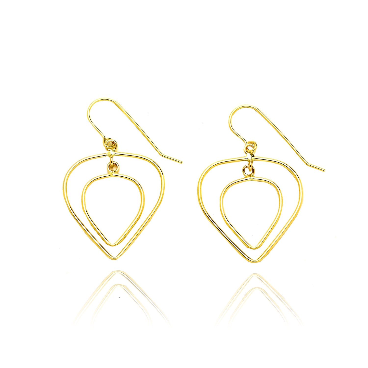 14k Yellow Gold Double Heart Love Drop Earring in with Fish Hook in Gift Box