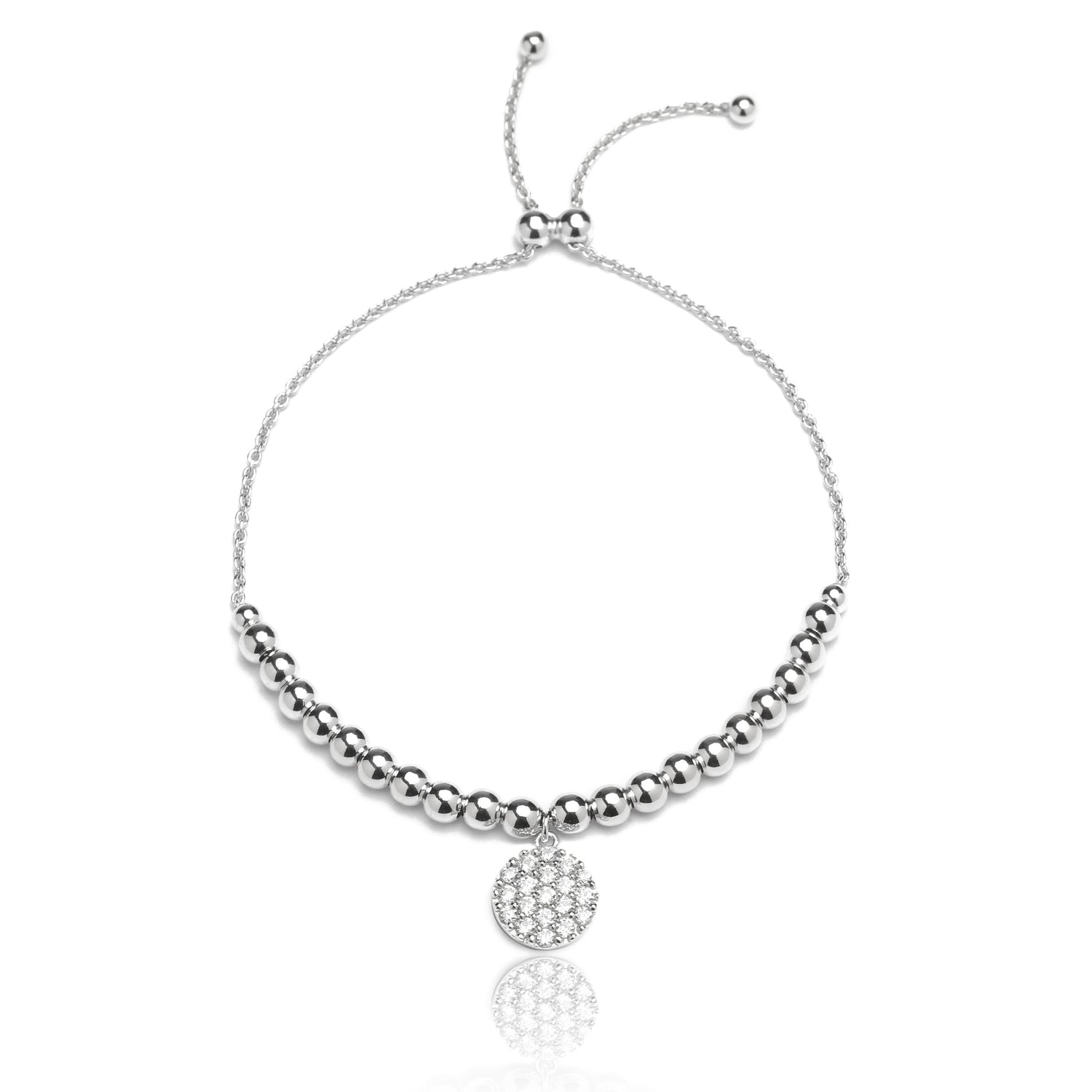 Sterling Silver Adjustable Bracelet with Cubic Zirconia Disc Charm and Beads