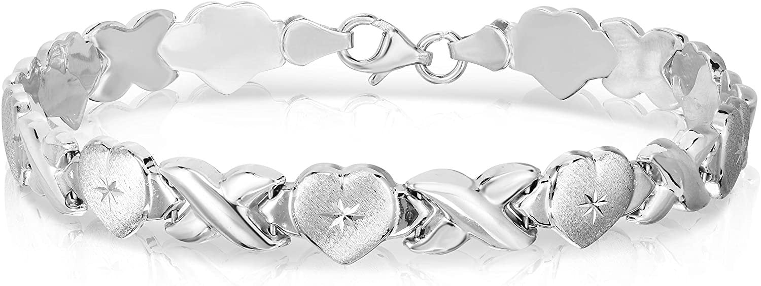 Floreo 925 Sterling Silver Stampato XOXO and Heart Hugs and Kisses Bracelet and Necklace Set