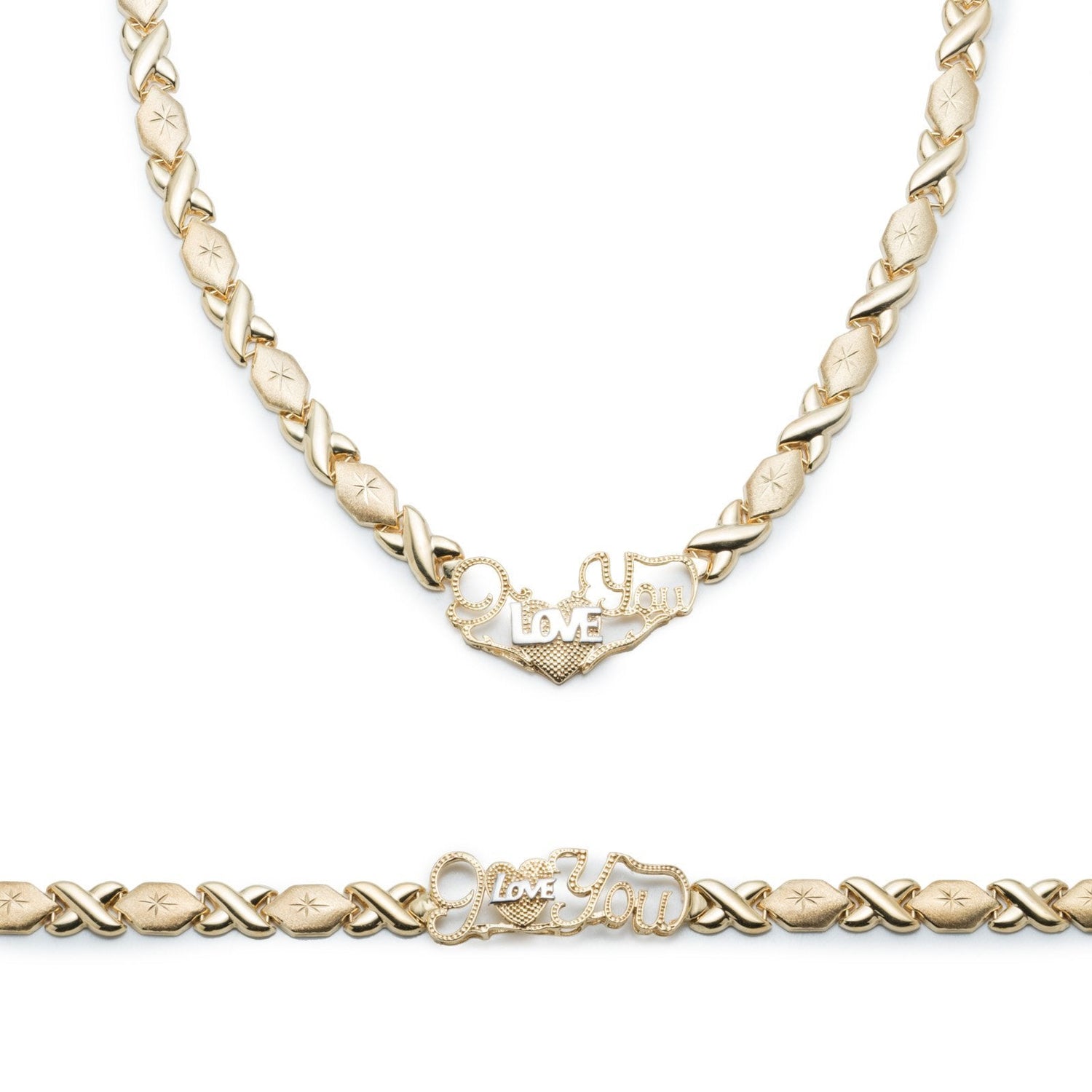 Silver Stampato Xoxo Hugs & Kisses w/ Heart and Love Bracelet & Necklace Set