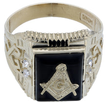 Load image into Gallery viewer, 10k Yellow Gold Onyx Stone Masonic CZ Ring Freemason Symbol Ring
