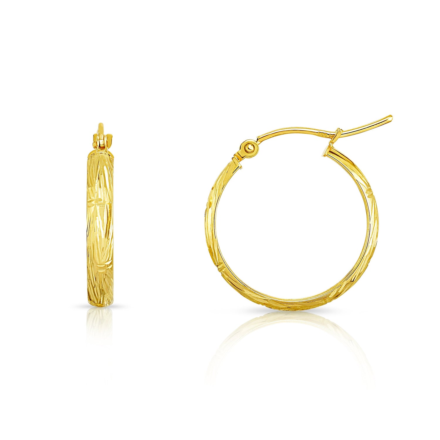 14k Yellow Gold Diamond Cut Huggies Hoop Earrings Bow Design (3mm)