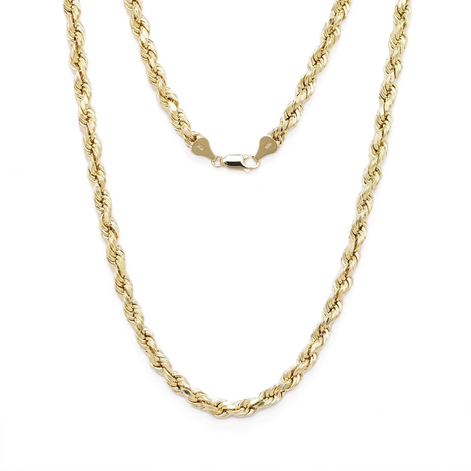 10k Yellow Gold Diamond Cut Hollow Rope Chain Necklace for Men and Women, 5mm