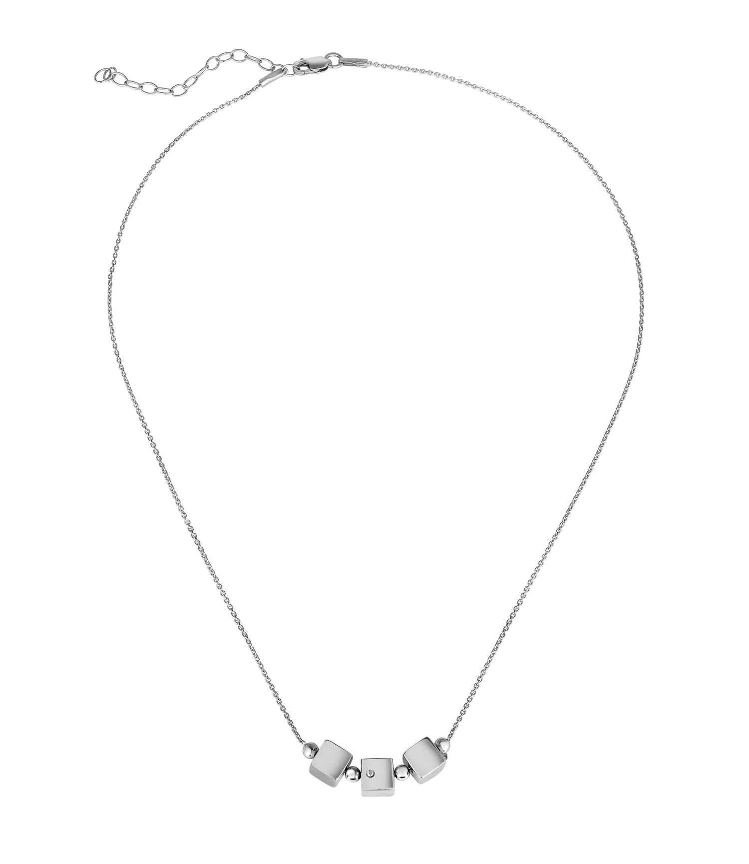 Sterling Silver Expandable Necklace with Cubes, Beads and Cubic Zirconia, 16