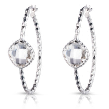 Load image into Gallery viewer, Sterling Silver Checkerboard Diamond Cut Oval hoop earrings With Colored Stone
