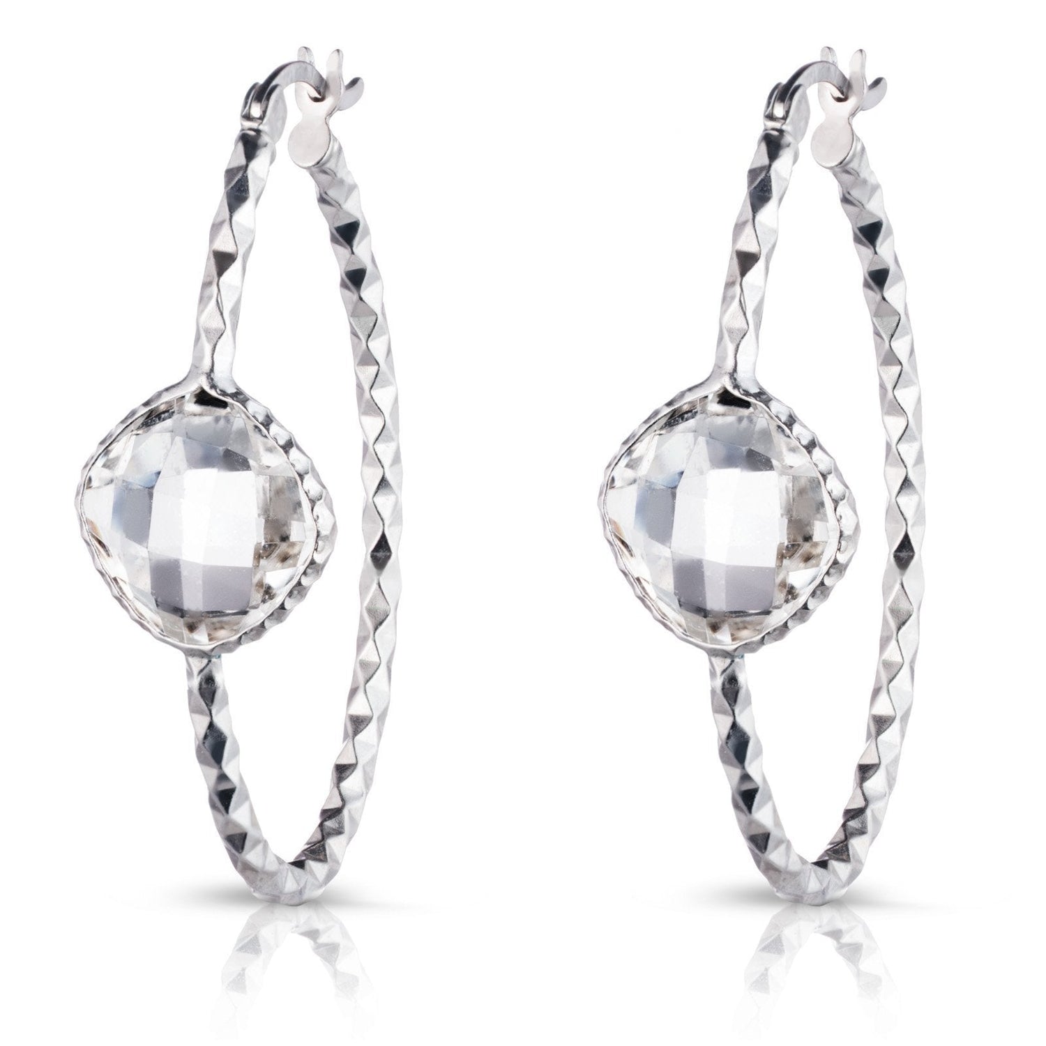 Sterling Silver Checkerboard Diamond Cut Oval hoop earrings With Colored Stone