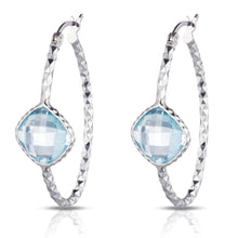 Load image into Gallery viewer, Sterling Silver Checkerboard Diamond Cut Oval hoop earrings With Colored Stone
