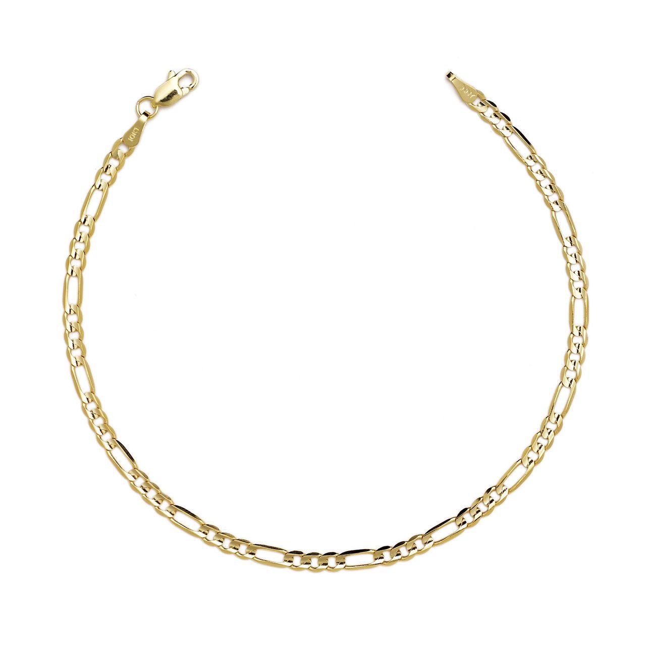 10k Yellow Gold Figaro Chain Bracelet with Concave Look, 0.1 Inch (2.5mm)