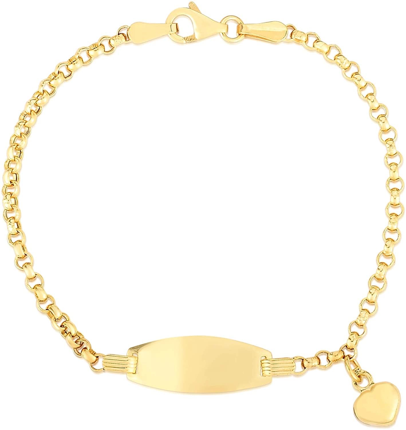 Floreo 14k Yellow Gold Customized ID Rolo and Heart Charm Personalized Name Bracelet for Children 6”