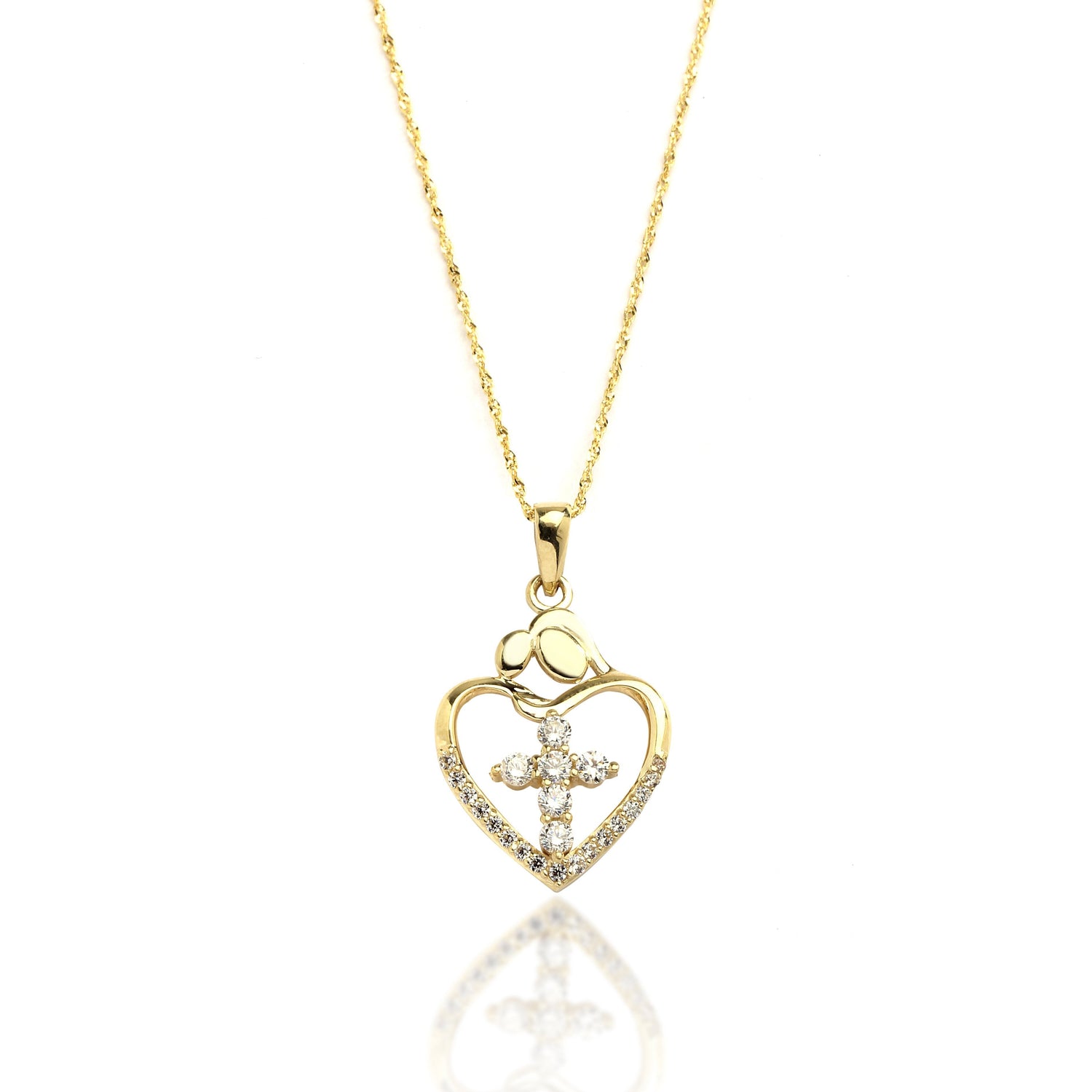10k Yellow Gold Heart and Cross CZ Pendant Necklace with Singapore Chain