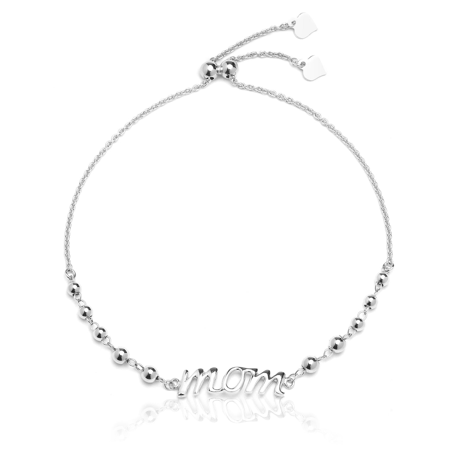 Sterling Silver Adjustable Mom Bracelet with Beads for Mothers, 9 Inch