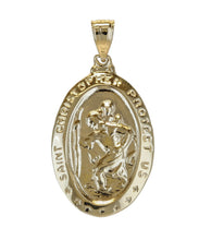 Load image into Gallery viewer, 10k Yellow Gold Christian Saint Christopher Protect Us Oval Pendant Necklace
