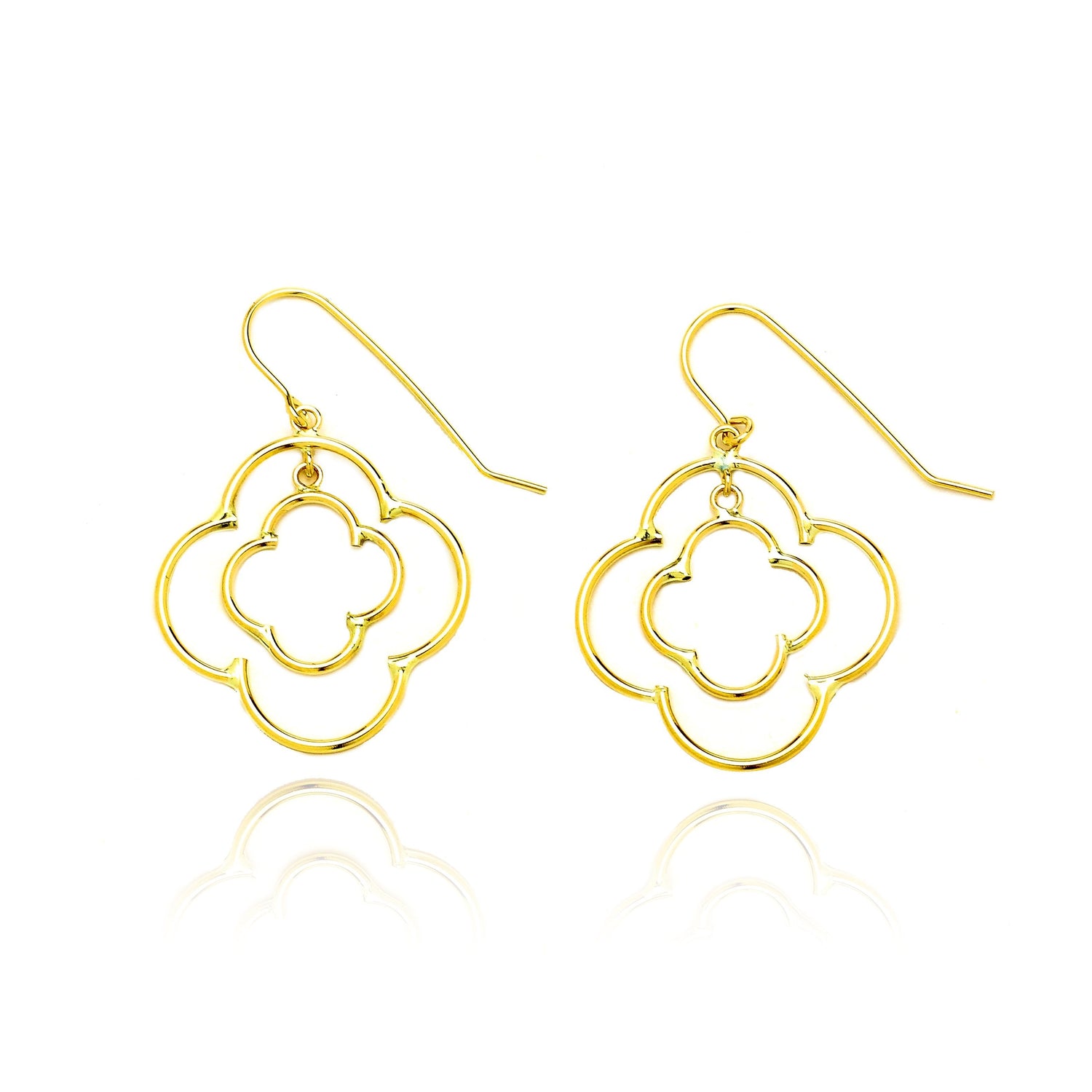 14k Yellow Gold Double Quatrefoil Drop Earring with Fish Hook in Gift Box
