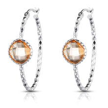 Load image into Gallery viewer, Sterling Silver Checkerboard Diamond Cut Oval hoop earrings With Colored Stone
