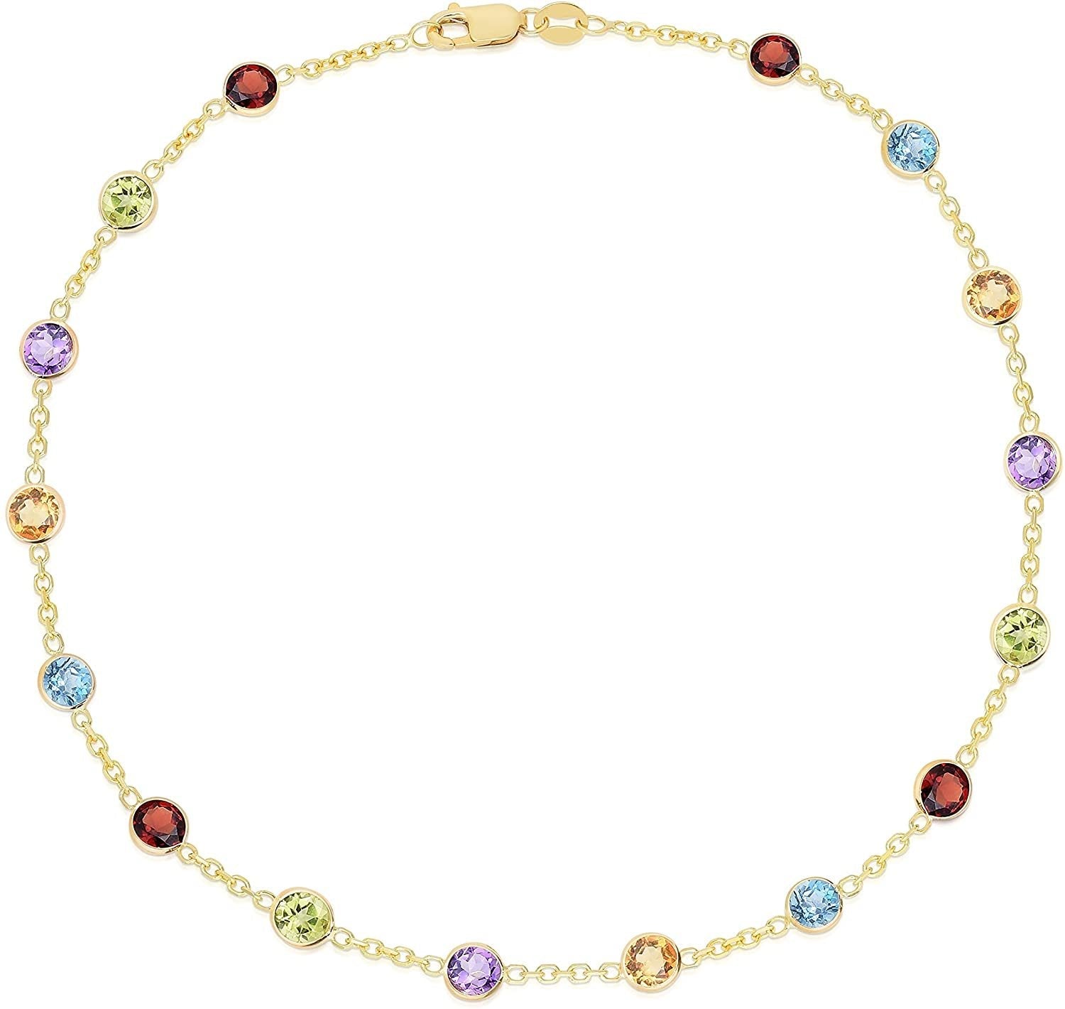 Floreo 14k Yellow Gold Multi Color Gemstone Anklet, 10” (Garnet, Peridot, Amethyst, Citrine, Blue Topaz)