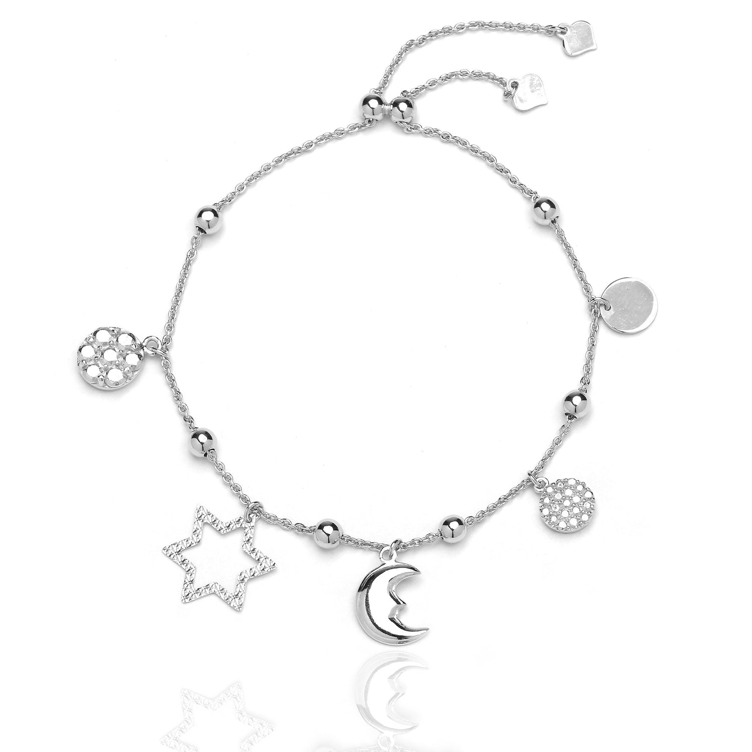 Sterling Silver Adjustable Bracelet with Cubic Zirconia Sun Moon and Star Charm