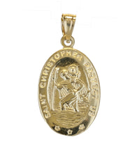 Load image into Gallery viewer, 10k Yellow Gold Christian Saint Christopher Protect Us Oval Pendant Necklace
