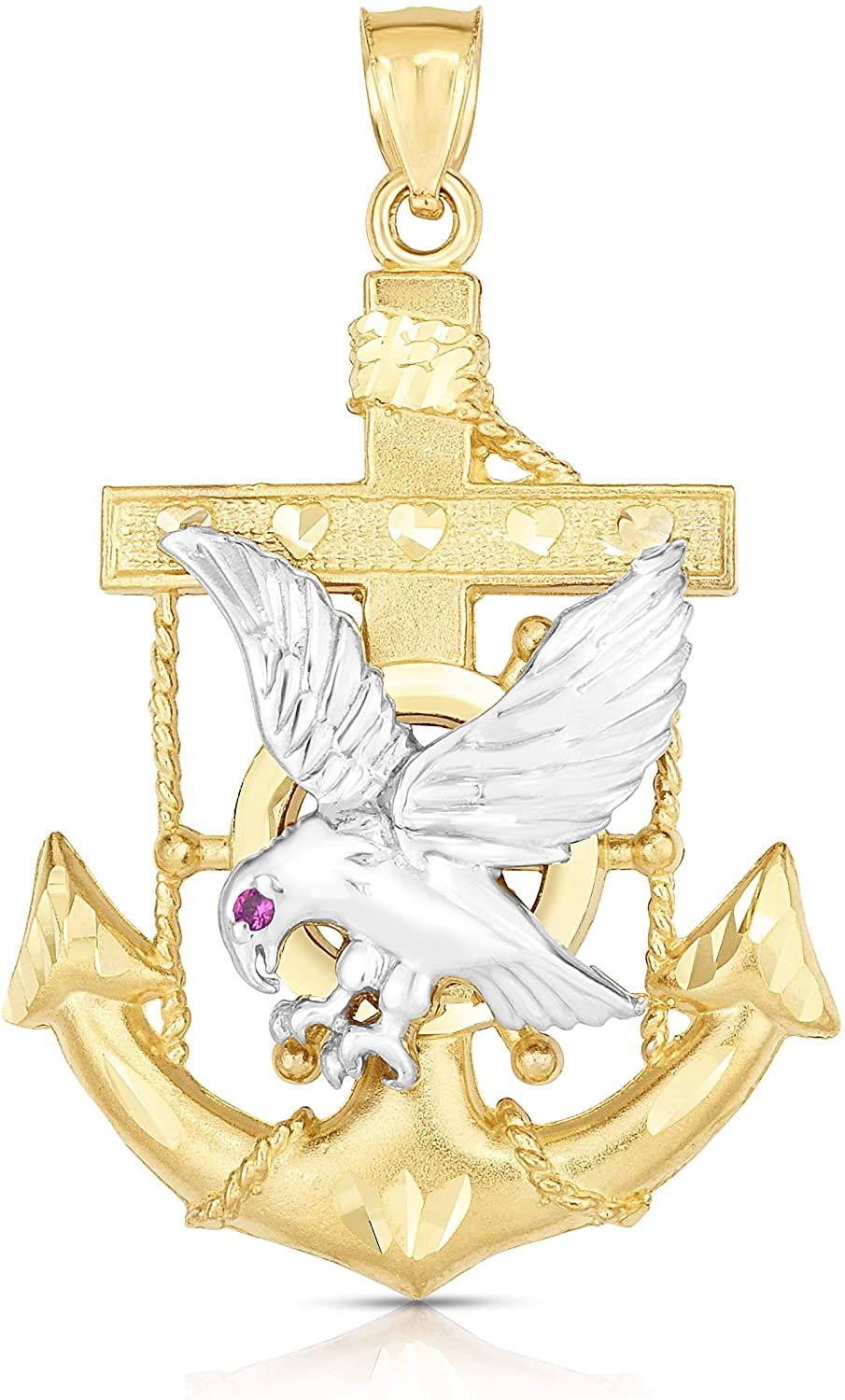 Floreo 10k Yellow Gold Two Tone Eagle Anchor Ship Wheel Mariner Ruby Red Eye Pendant