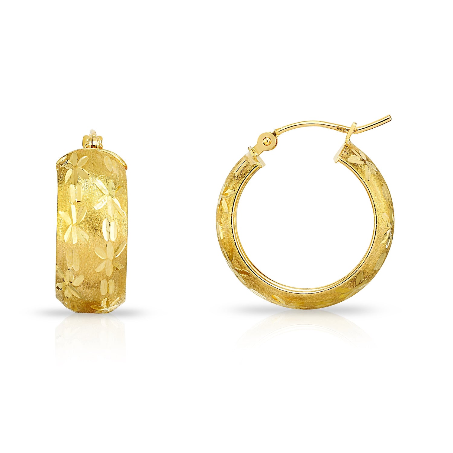 14k Yellow Gold Diamond Cut Huggies Hoop Earrings Flower Design (8mm)