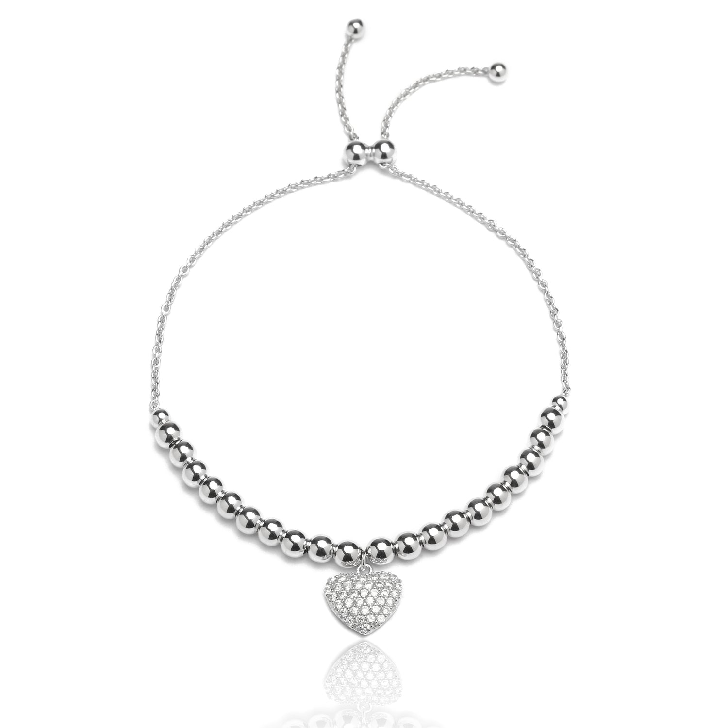 Sterling Silver Adjustable Bracelet with Cubic Zirconia Heart Charm and Beads