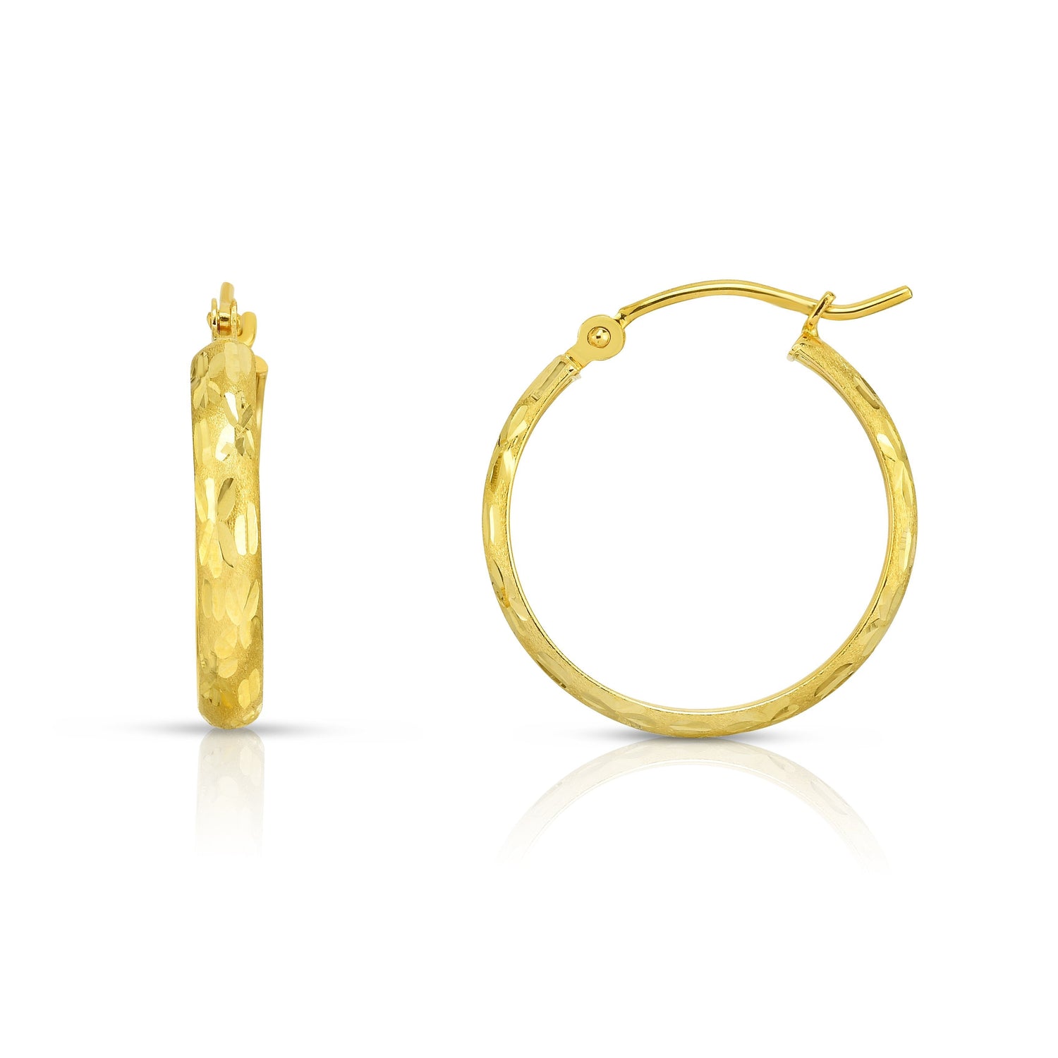 14k Yellow Gold Diamond Cut Huggies Hoop Earrings Flower Design (3mm)