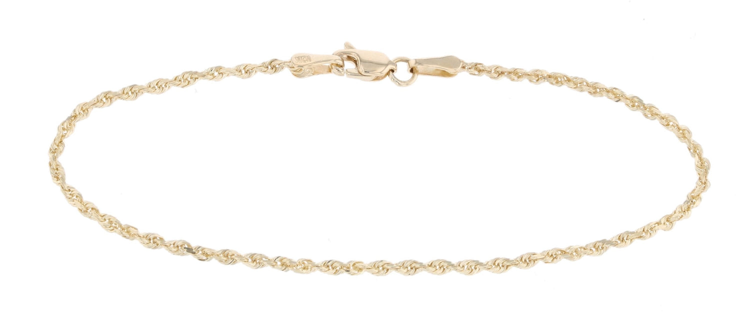 10k Fine Gold Thin Solid Diamond Cut Rope Chain Bracelet and Anklet, 2mm (0.08