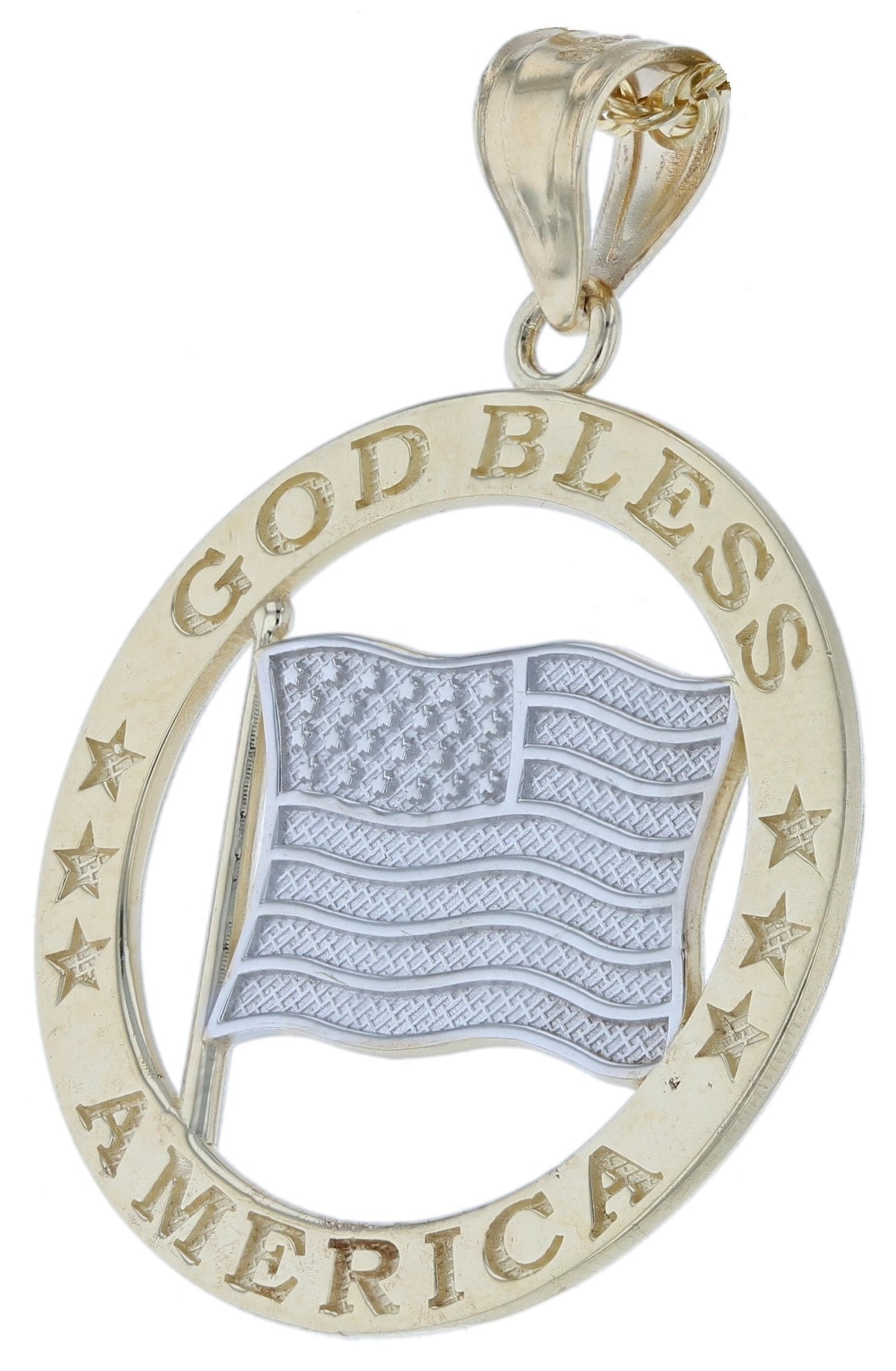10k Yellow Gold United States Flag God Bless America Round Pendant Necklace