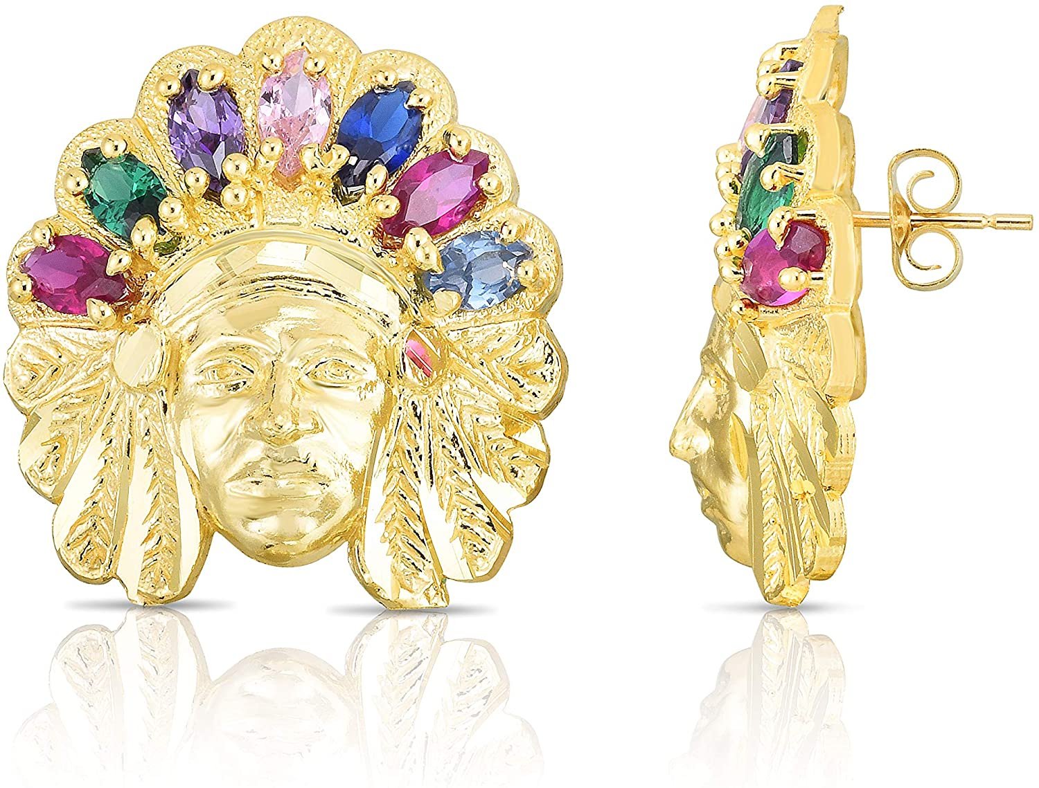 Floreo 10k Yellow Gold Color Gemstone Native American Indian Tribal Chief Head Post Earrings (0.90